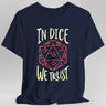 Navy t-shirt with a red dice graphic and 'In Dice We Trust' text