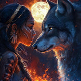 Woman with tribal tattoos and a wolf facing each other under a full moon.