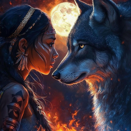 Woman with tribal tattoos and a wolf facing each other under a full moon.