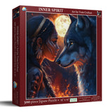 Jigsaw puzzle box featuring a woman and wolf with a moonlit background