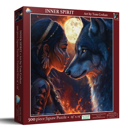 Jigsaw puzzle box featuring a woman and wolf with a moonlit background