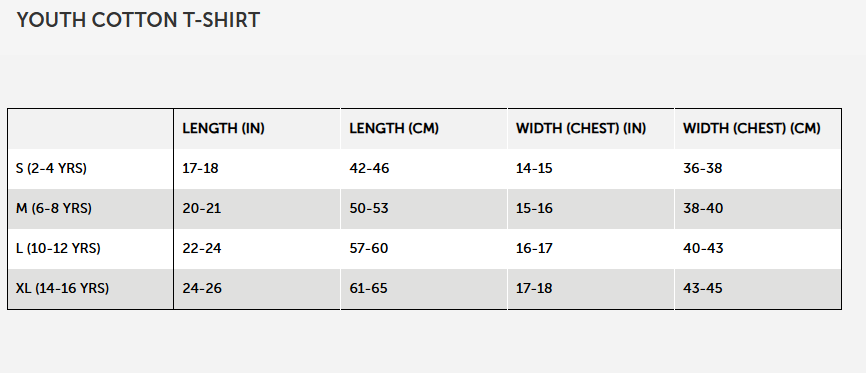 Kids tee size chart