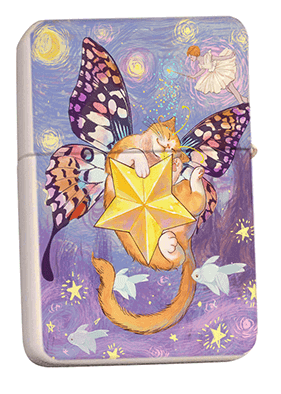 Lighter with orange and white cat with butterfly wings on a star. Fairy sprinkles catnip and fish float by on a Starry Night Sky