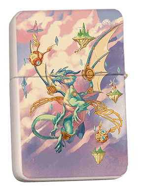 Brass lighter, Artwork shows a blue dragon with golden metal accents flying amongst floating city islands