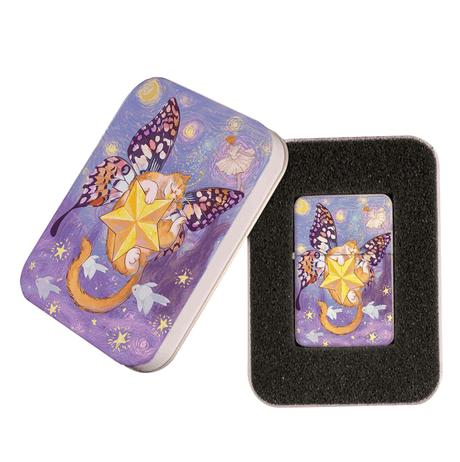 Lighter & gift tin with orange and white cat with butterfly wings on a star. Fairy sprinkles catnip and fish float by on a Starry Night Sky