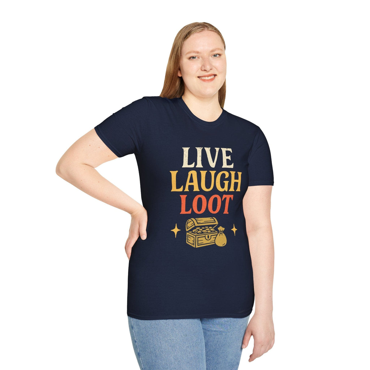 Woman wearing dark blue t-shirt with 'Live Laugh Loot' text and treasure chest graphic