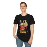 Person wearing black t-shirt with 'Live Laugh Loot' text and treasure chest graphic