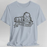 Light blue t-shirt with a backpack, sword and sleeping bag graphic and 'Long Rest Needed' text