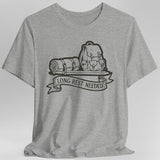 Gray t-shirt with a backpack, sword and sleeping bag graphic and 'Long Rest Needed' text