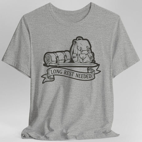 Gray t-shirt with a backpack, sword and sleeping bag graphic and 'Long Rest Needed' text