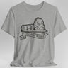 Gray t-shirt with a backpack, sword and sleeping bag graphic and 'Long Rest Needed' text
