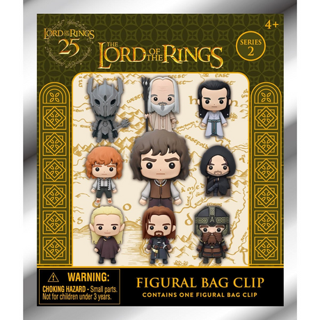 Packaging of 'The Lord of the Rings' figurine bag clip blind box with character illustrations on a decorative background.