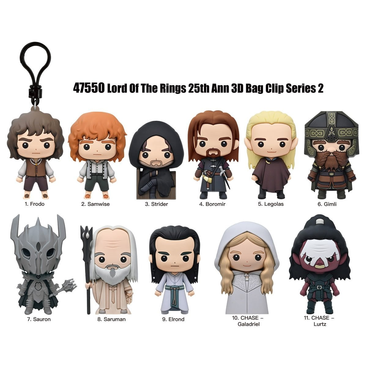 Collection of 'Lord of the Rings' character figurines with labels - possible blind bag contents