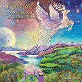Cover of mini 'Celestial Journeys' calendar featuring a winged deer over a landscape with mountains and lake.