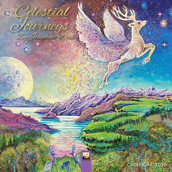 Cover of mini 'Celestial Journeys' calendar featuring a winged deer over a landscape with mountains and lake.