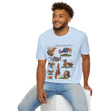 Man wearing light blue t-shirt with colorful illustrations of medieval bestiary animals