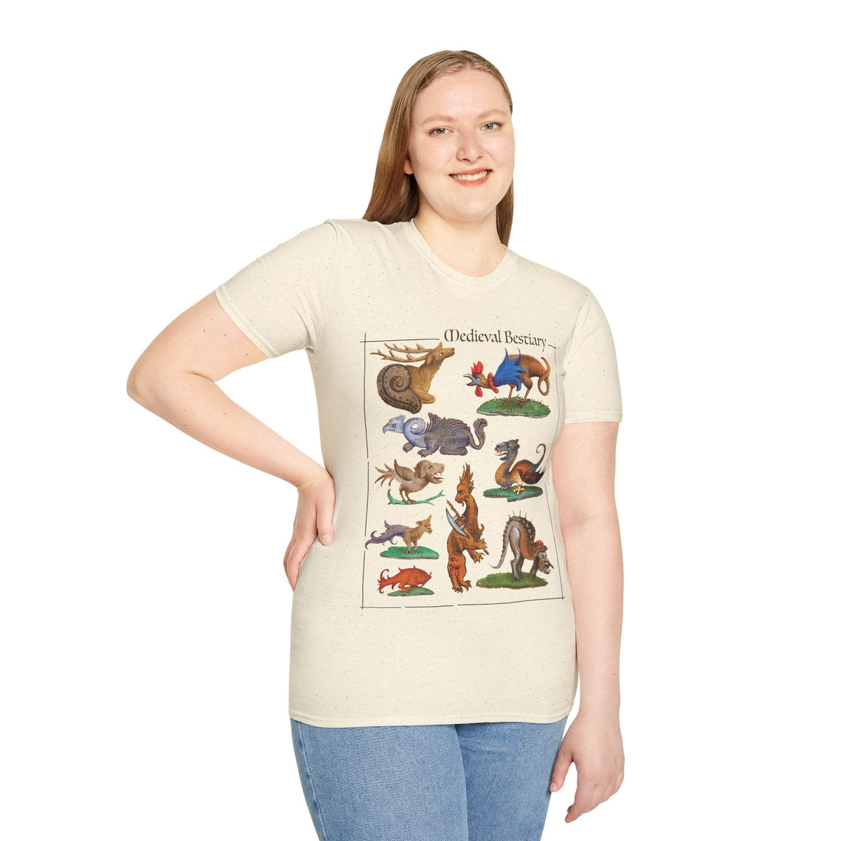 Lady wearing cream t-shirt with colorful illustrations of medieval bestiary animals