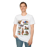 Person wearing white t-shirt with colorful illustrations of medieval bestiary animals