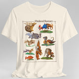 Off white t-shirt with colorful illustrations of medieval bestiary animals