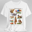 White t-shirt with colorful illustrations of medieval bestiary animals