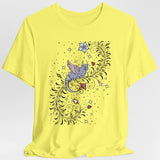 Yellow t-shirt with a medieval manuscript dragon and floral design