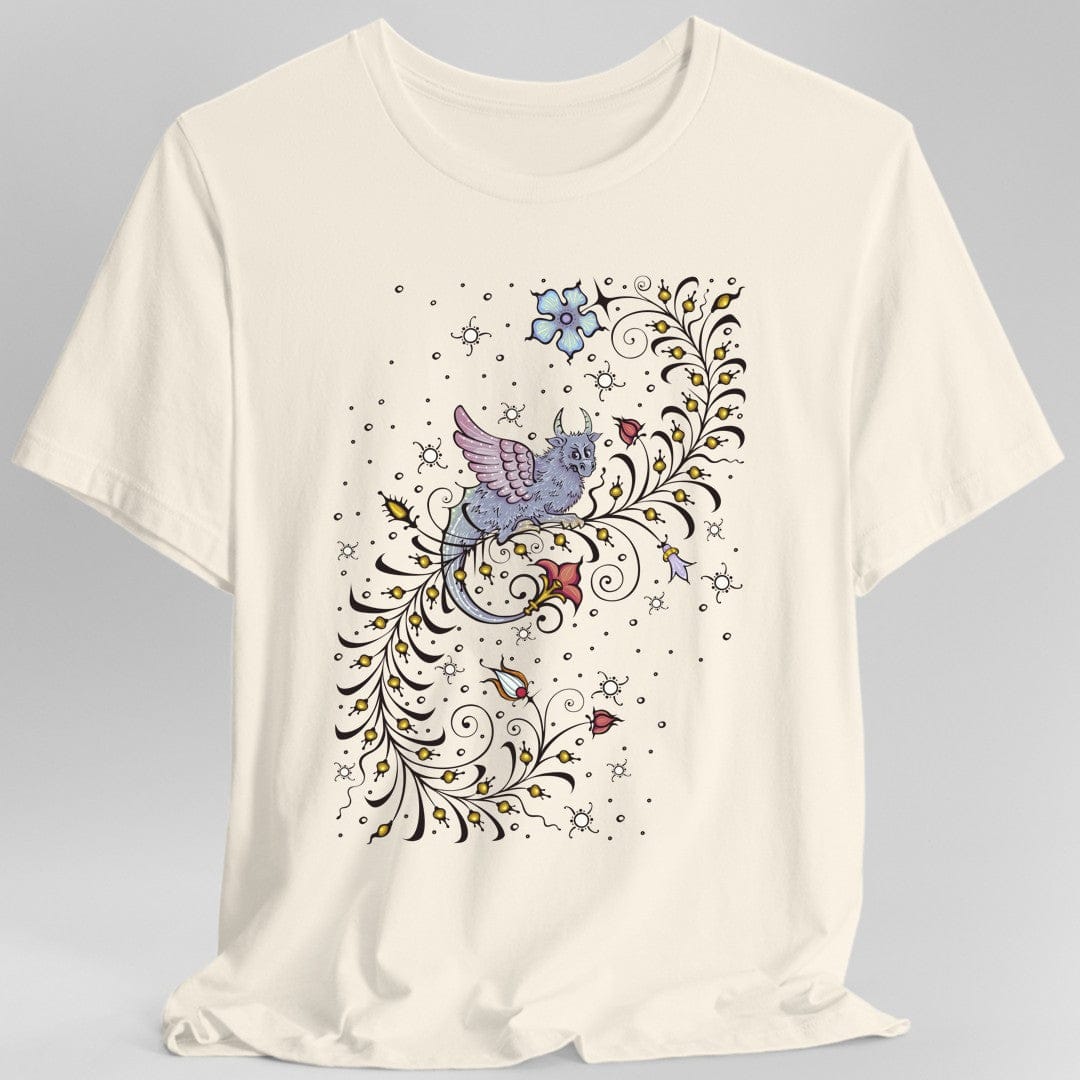 White t-shirt with a medieval manuscript dragon and floral design