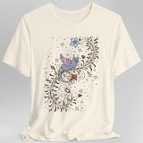 White t-shirt with a medieval manuscript dragon and floral design