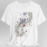 White t-shirt with a medieval manuscript dragon and floral design