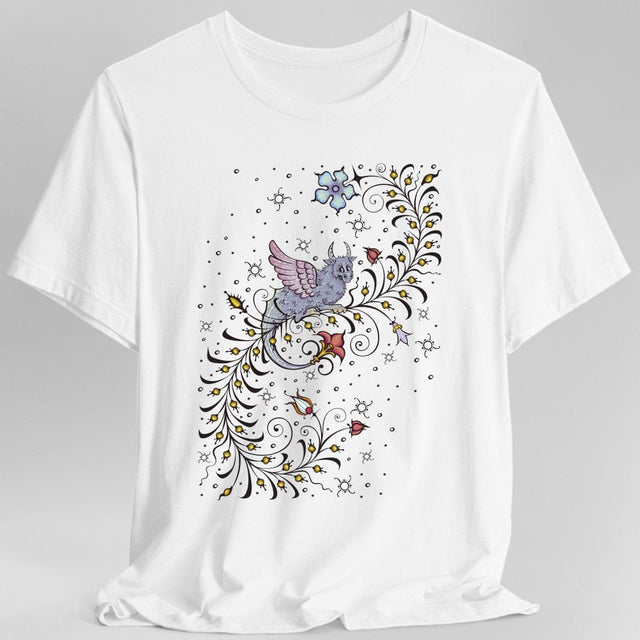 White t-shirt with a medieval manuscript dragon and floral design