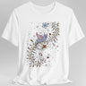 White t-shirt with a medieval manuscript dragon and floral design