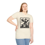 Girl wearing off white  t-shirt with a black dragon and castle graphic 