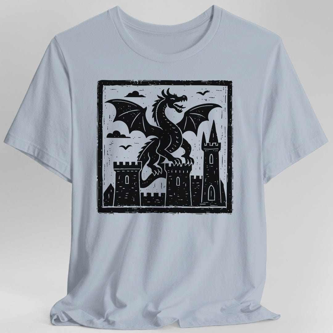 Light blue  t-shirt with a black dragon and castle graphic 