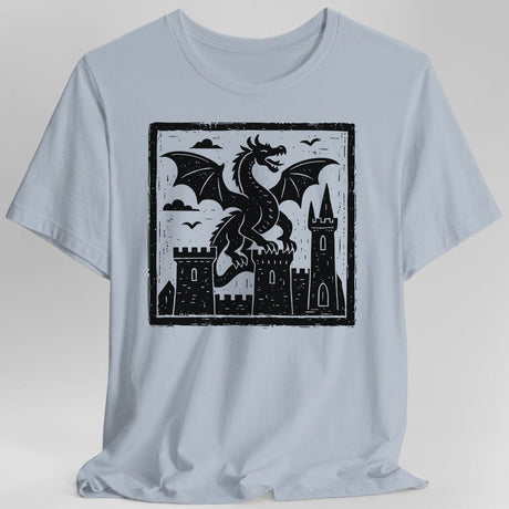 Light blue  t-shirt with a black dragon and castle graphic 