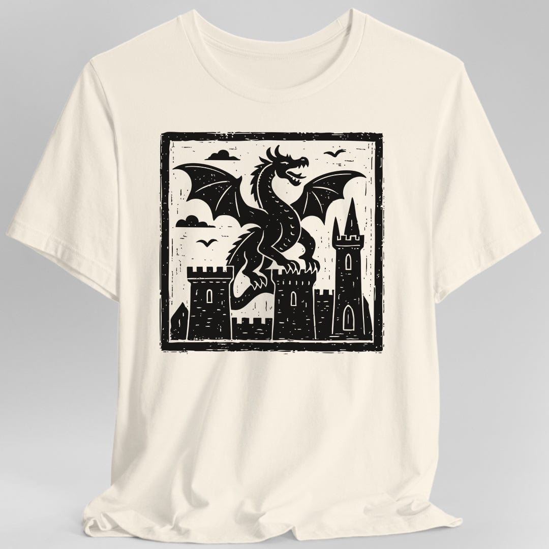 Off white t-shirt with a black dragon and castle graphic on a gray background