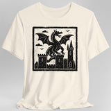 Off white t-shirt with a black dragon and castle graphic on a gray background
