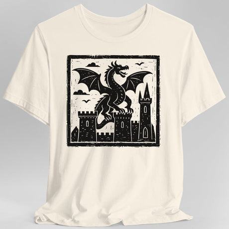 Off white t-shirt with a black dragon and castle graphic on a gray background