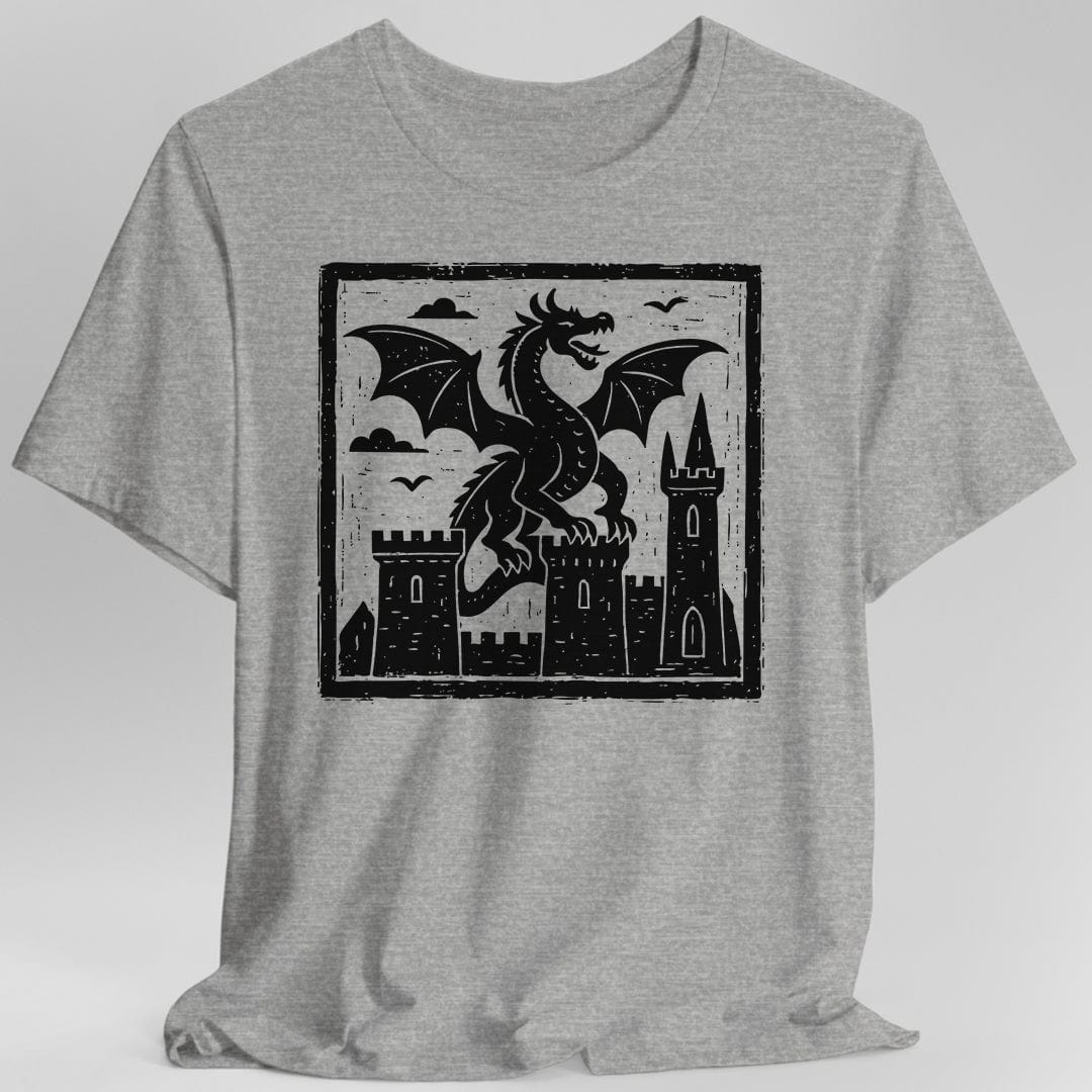 Gray  t-shirt with a black dragon and castle graphic 