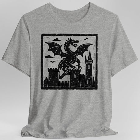 Gray  t-shirt with a black dragon and castle graphic 