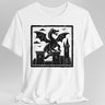 White t-shirt with a black dragon and castle graphic 