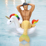 Decorative ornament of a merman with a glittery yellow tail sitting in an inflatable unicorn float.