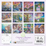 Calendar back cover with colorful illustrations of celestial beings and landscapes, featuring the brand