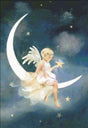 Angel child on moon cross stitch pattern. She holds a star against the deep blue night sky