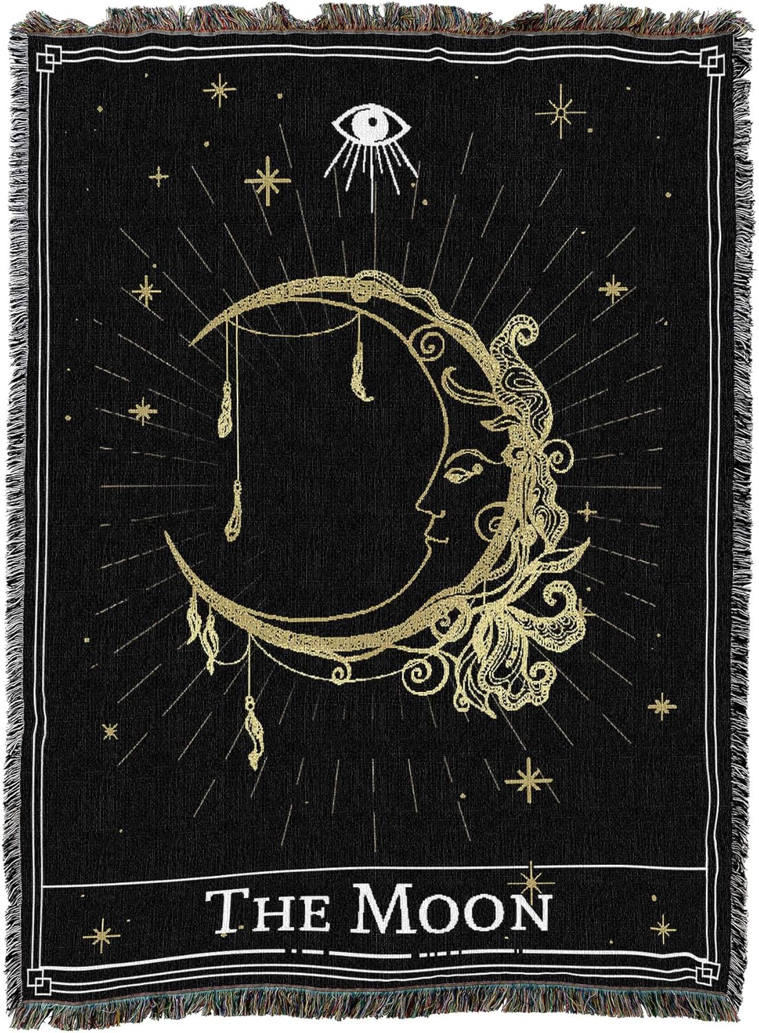 Decorative blanket with celestial design featuring 'The Moon' and eye symbol on black background