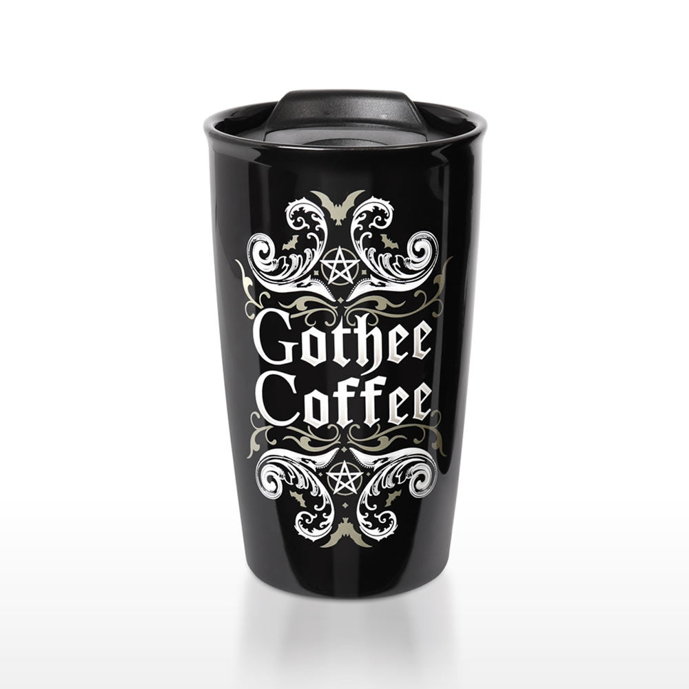 Travel mug with "Gothee Coffee" text and swirling designs with pentacles