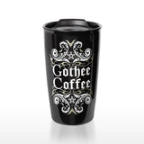 Travel mug with "Gothee Coffee" text and swirling designs with pentacles