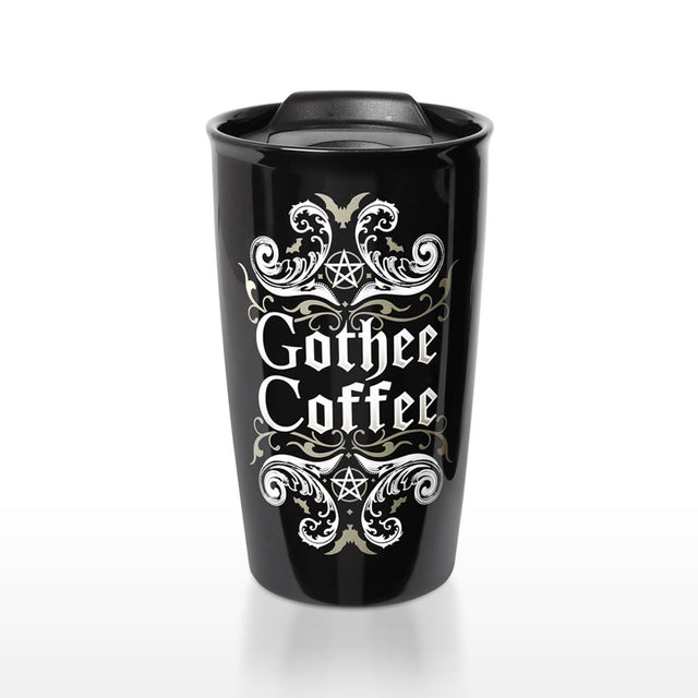 Travel mug with "Gothee Coffee" text and swirling designs with pentacles