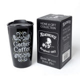 Travel mug with "Gothee Coffee" text and swirling designs with pentacles, with box