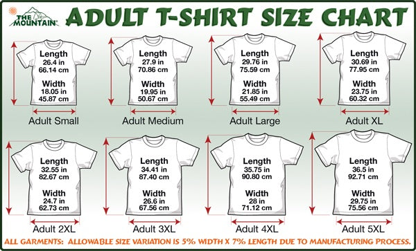 Mountain Adult T-Shirt Size Chart