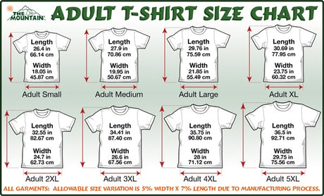 T-shirt size chart for adults with measurements