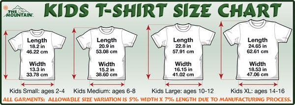 Kids t-shirt size chart with dimensions and age ranges on a green background